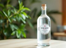 Flacone di acqua di rose su sfondo floreale