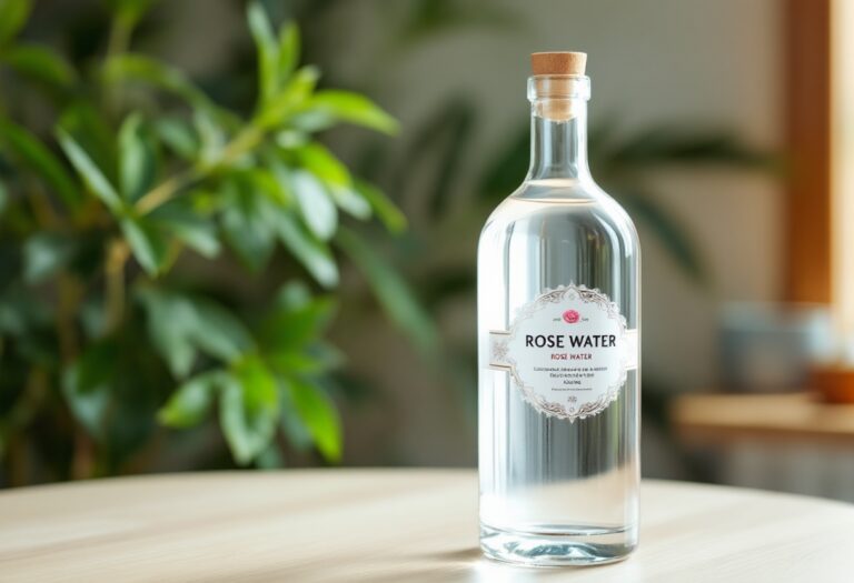 Flacone di acqua di rose su sfondo floreale