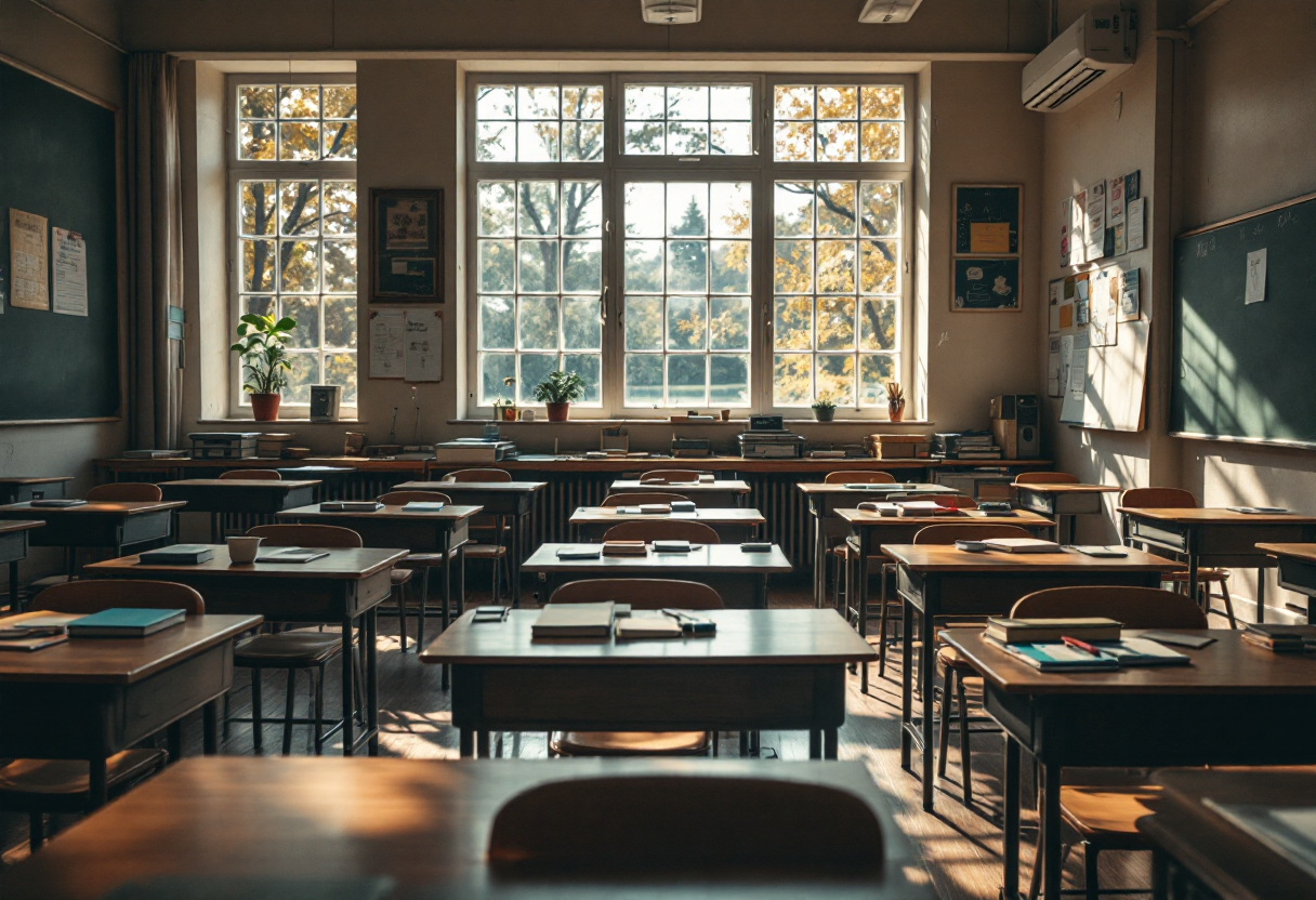 Insegnante in aula affronta stress e sfide professionali