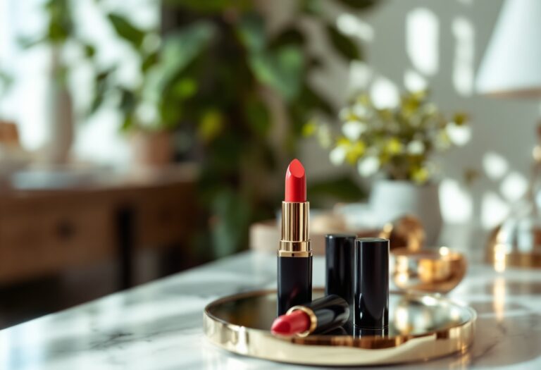 Donna che applica rossetto rosso per un look fresco