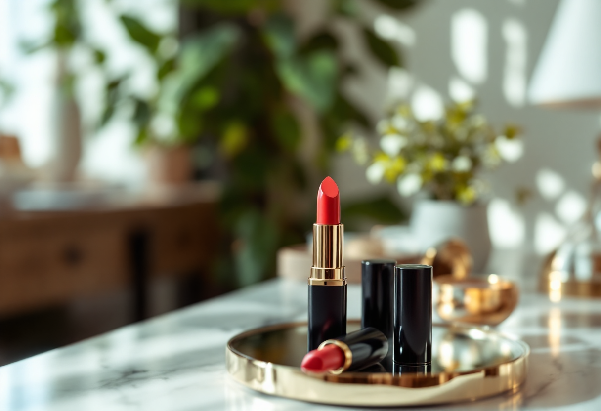 Donna che applica rossetto rosso per un look fresco