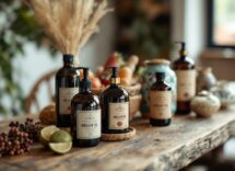 Flacone di olio di argan su sfondo naturale