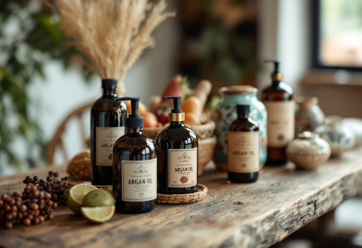 Flacone di olio di argan su sfondo naturale